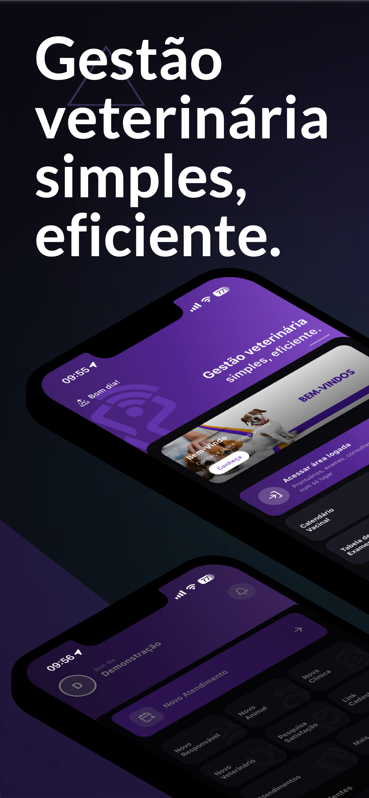 Tela do app PurpleVet com mensagem de gestão veterinaria simples e eficiente