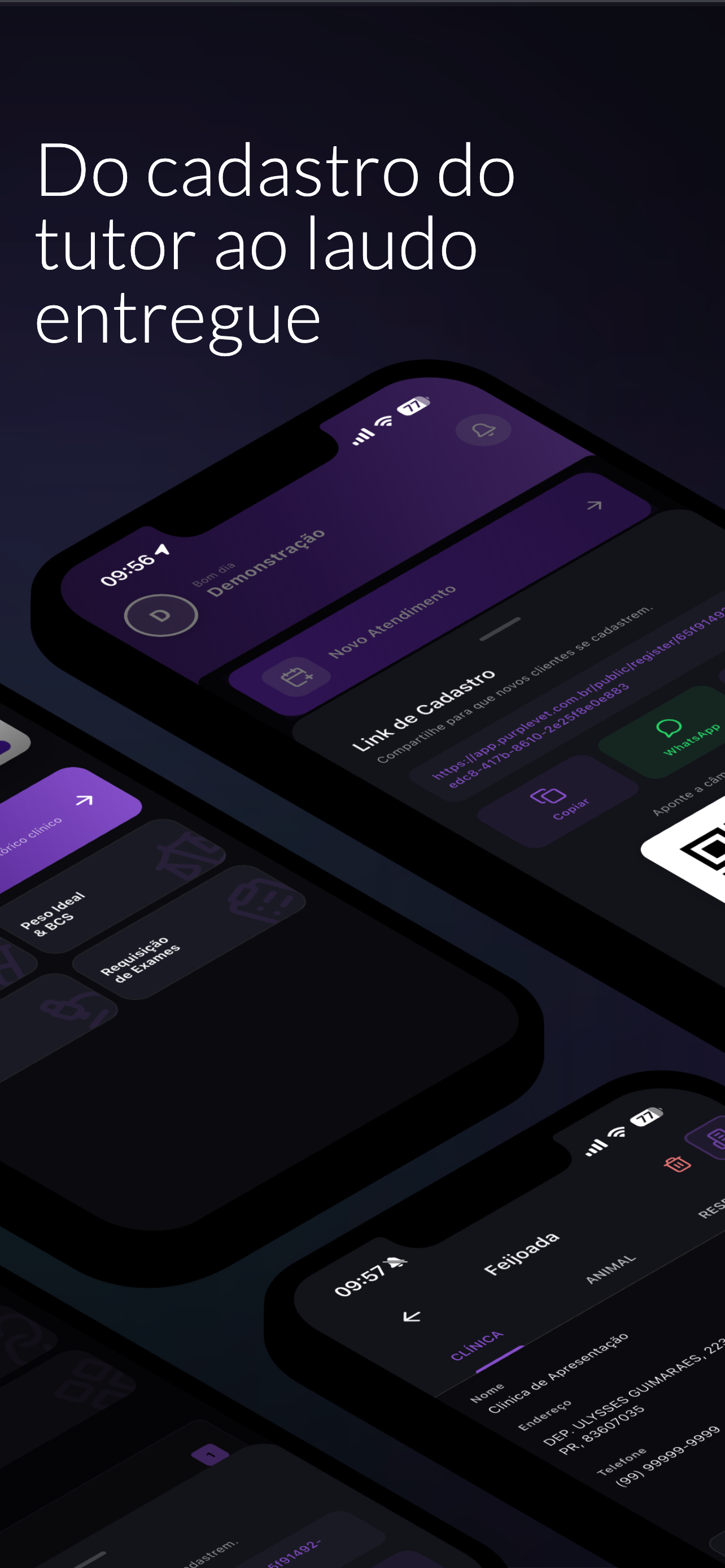 Tela do app PurpleVet mostrando fluxo do cadastro do tutor ao laudo entregue