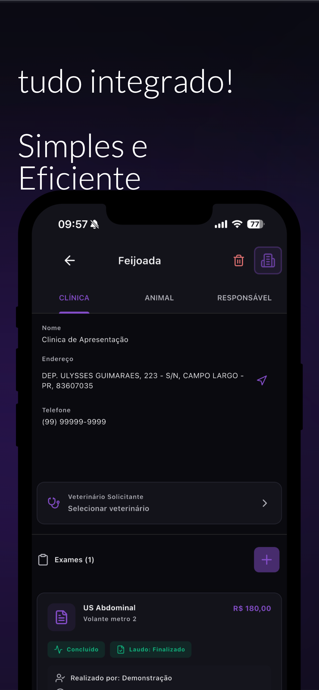 Tela do app PurpleVet com formulario clinico e exames em andamento