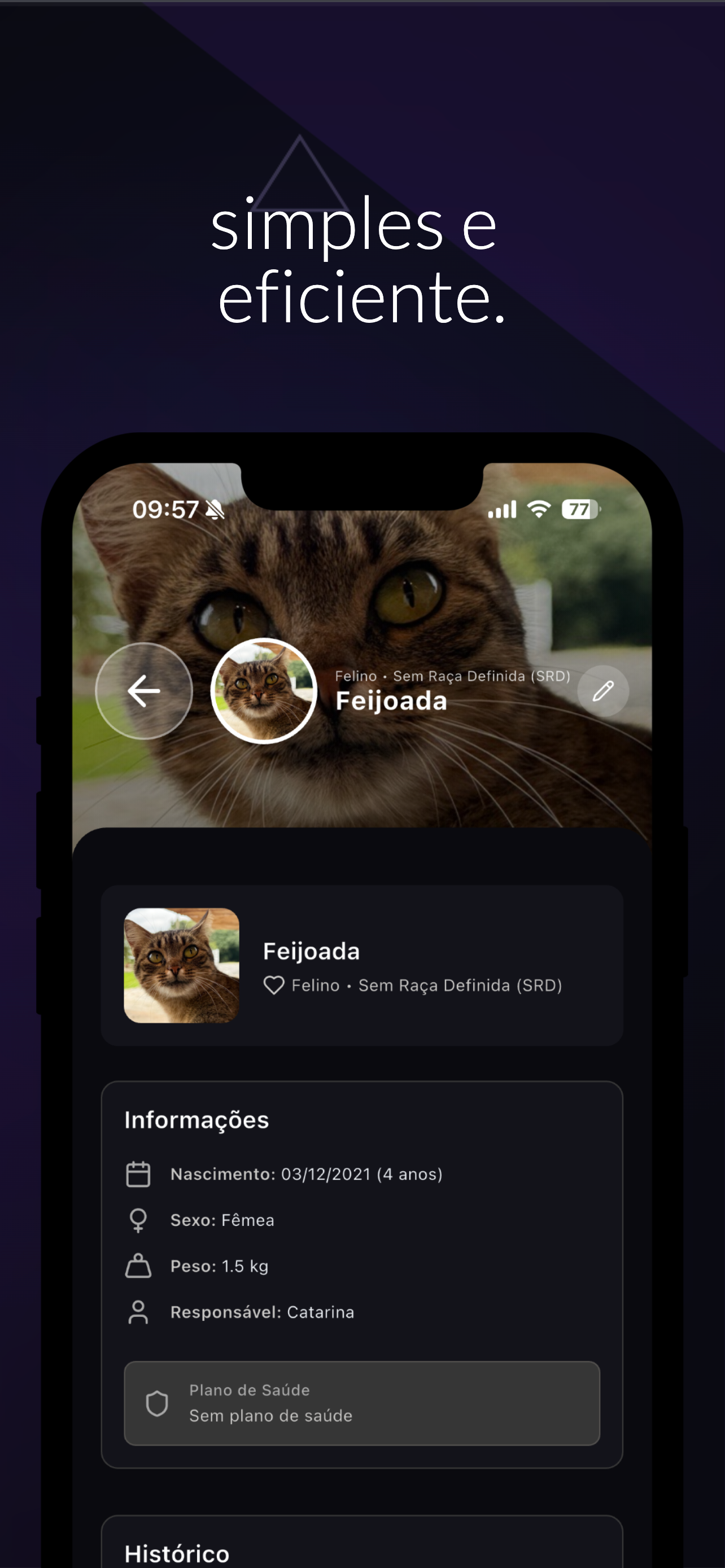 Tela do app PurpleVet com visual dark para gestao veterinaria integrada